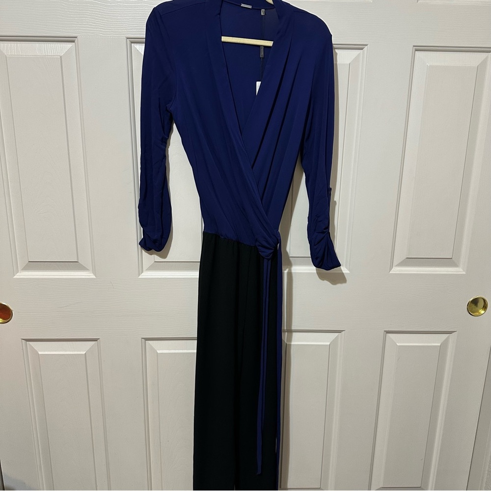 Ellie Tahari Gally Jumpsuit Blue Black Wrap Top Jogger Pants Size S NWT Business